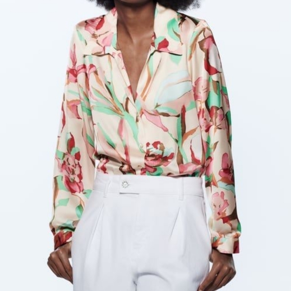 Zara Cream Pink Teal Floral Long Sleeve Button-Down Collared Blouse, Size Medium - Picture 5 of 11